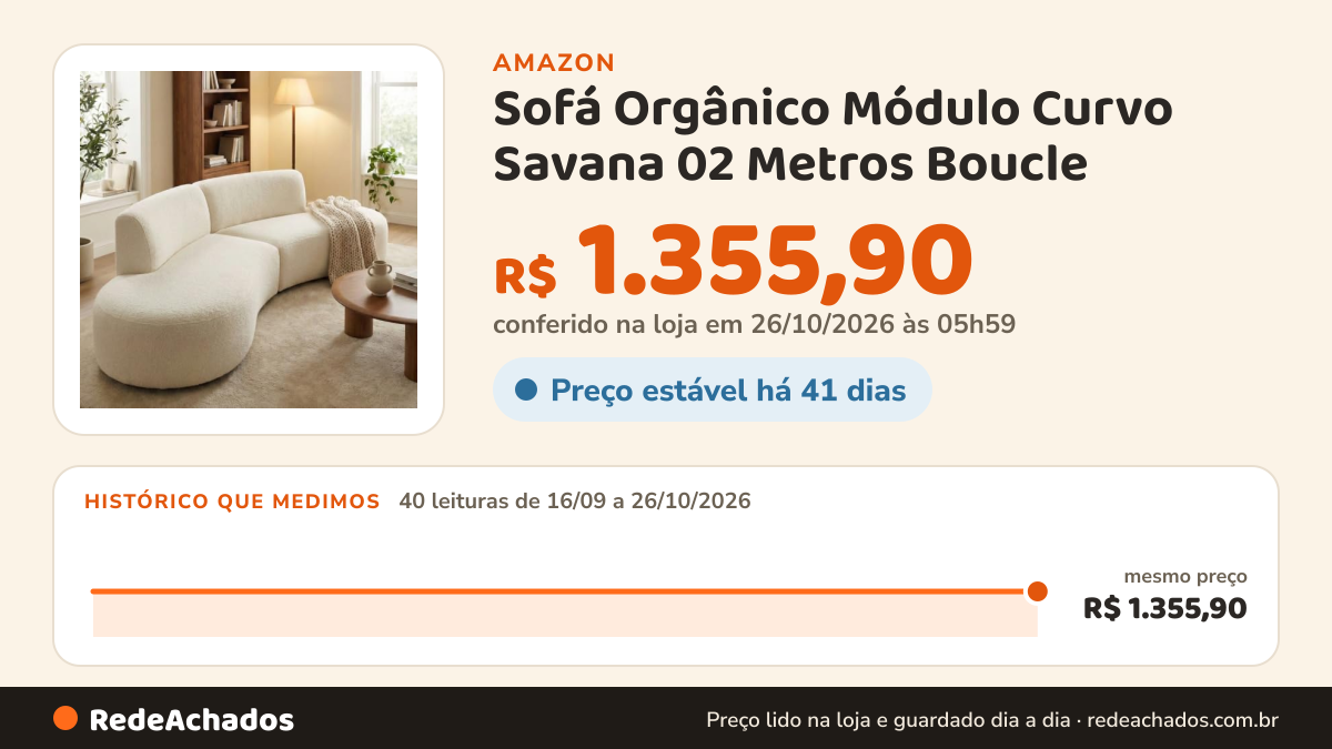 Histórico de preço de Sofá Orgânico Módulo Curvo Savana 02 Metros Boucle - Montanaris Decor (BOUCLE BEGE) na Amazon: 40 leituras de 16/09/2026 a 26/10/2026, mesmo preço, R$ 1.355,90, em todas; R$ 1.355,90 conferido em 26/10/2026 às 05h59