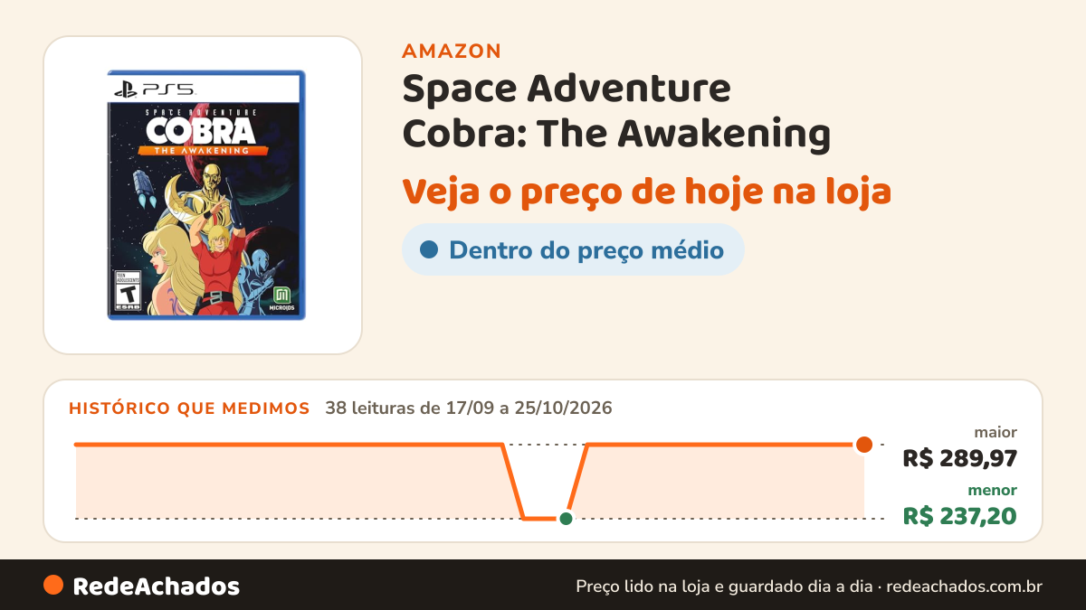 Histórico de preço de Space Adventure Cobra: The Awakening - PlayStation 5 na Amazon: 38 leituras de 17/09/2026 a 25/10/2026, menor R$ 237,20, maior R$ 289,97