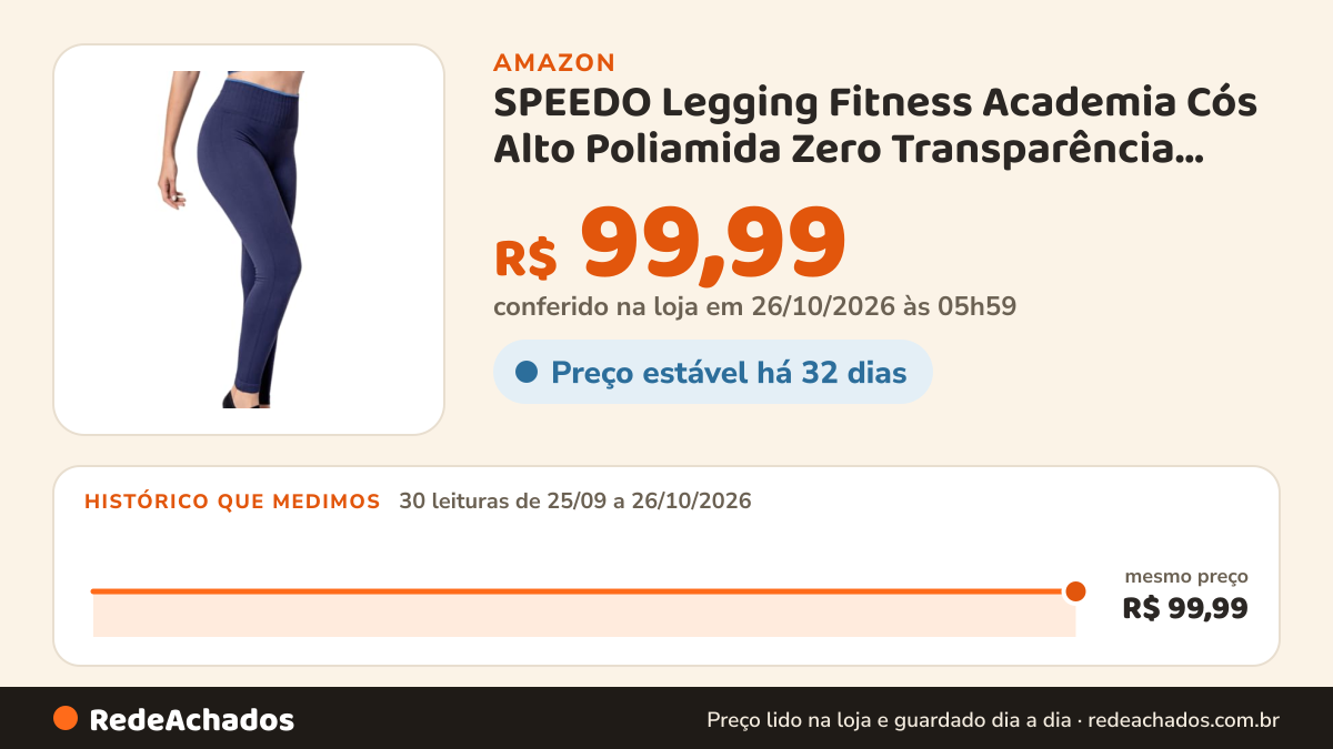 Histórico de preço de SPEEDO Legging Fitness Academia Cós Alto Poliamida Zero Transparência, Marinho, G na Amazon: 30 leituras de 25/09/2026 a 26/10/2026, mesmo preço, R$ 99,99, em todas; R$ 99,99 conferido em 26/10/2026 às 05h59