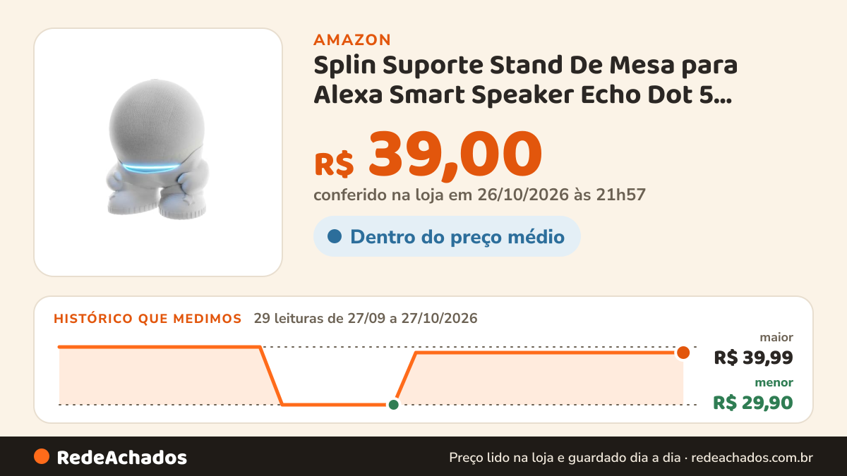 Histórico de preço de Splin Suporte Stand De Mesa para Alexa Smart Speaker Echo Dot 5 -Amazon- Dot Joy (branco) na Amazon: 29 leituras de 27/09/2026 a 27/10/2026, menor R$ 29,90, maior R$ 39,99; R$ 39,00 conferido em 26/10/2026 às 21h57