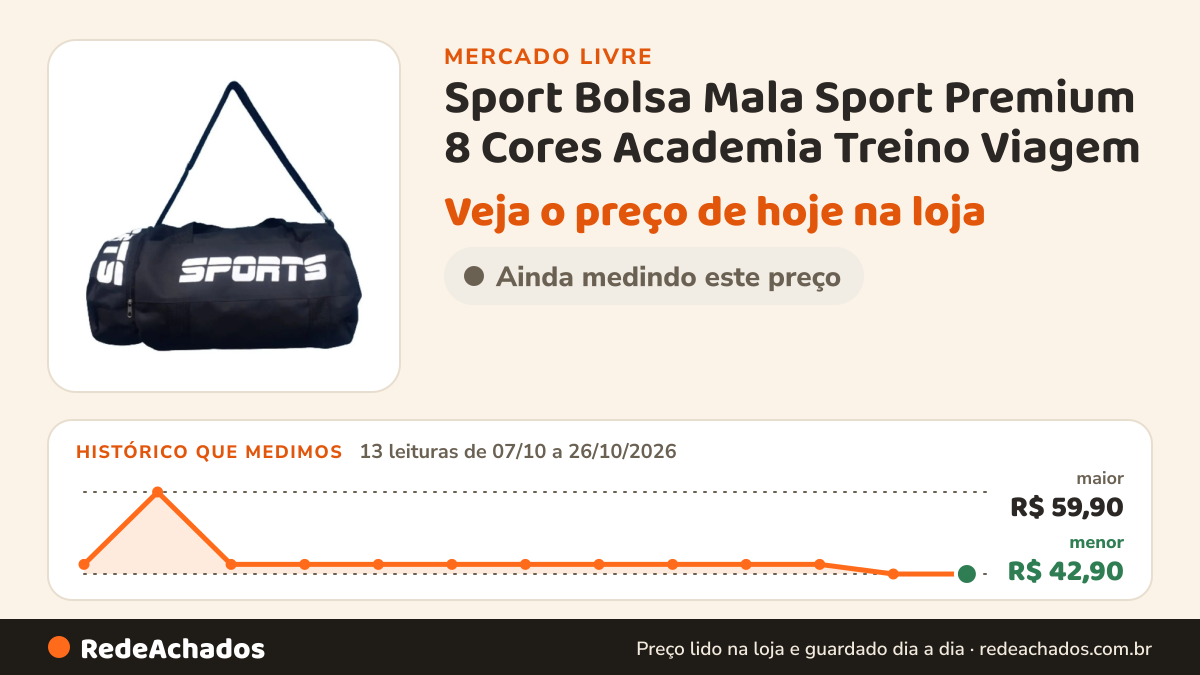 Histórico de preço de Sport Bolsa Mala Sport Premium 8 Cores Academia Treino Viagem no Mercado Livre: 13 leituras de 07/10/2026 a 26/10/2026, menor R$ 42,90, maior R$ 59,90