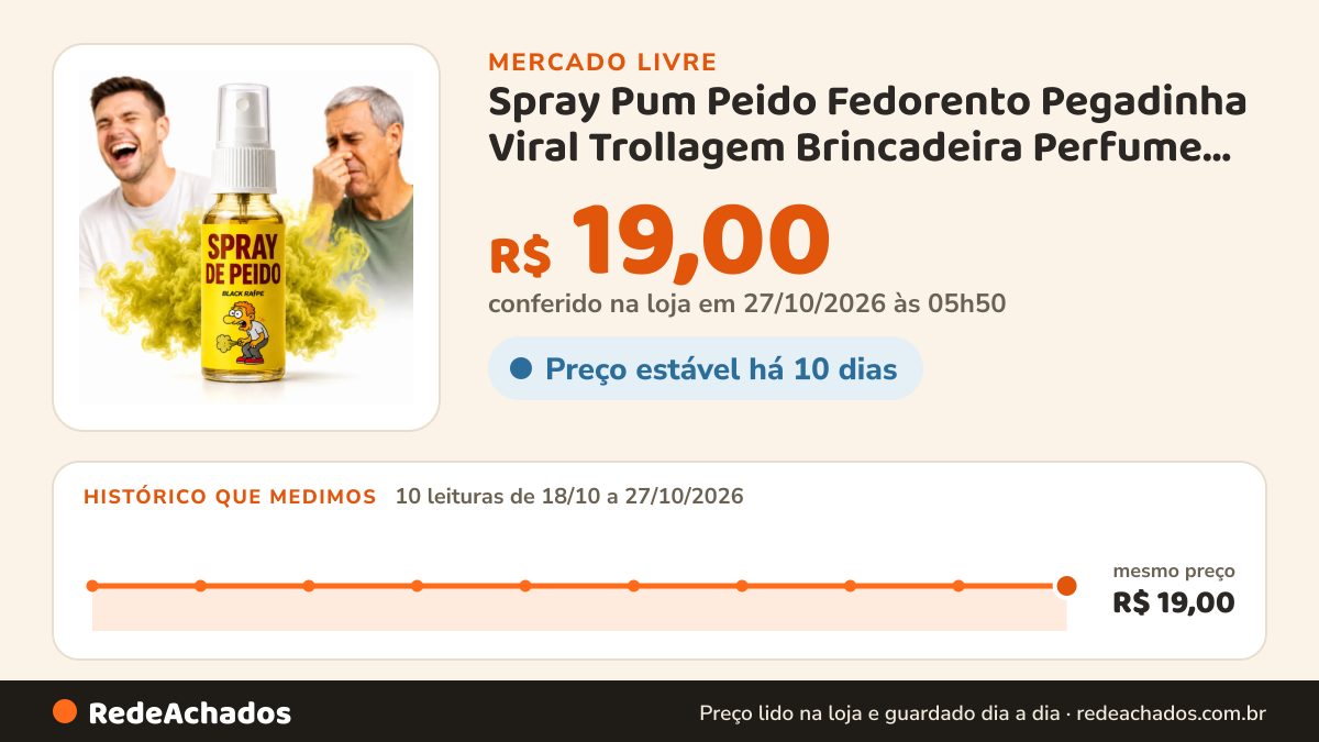 Histórico de preço de Spray Pum Peido Fedorento Pegadinha Viral Trollagem Brincadeira Perfume Fedido - Marca… no Mercado Livre: 10 leituras de 18/10/2026 a 27/10/2026, mesmo preço, R$ 19,00, em todas; R$ 19,00 conferido em 27/10/2026 às 05h50