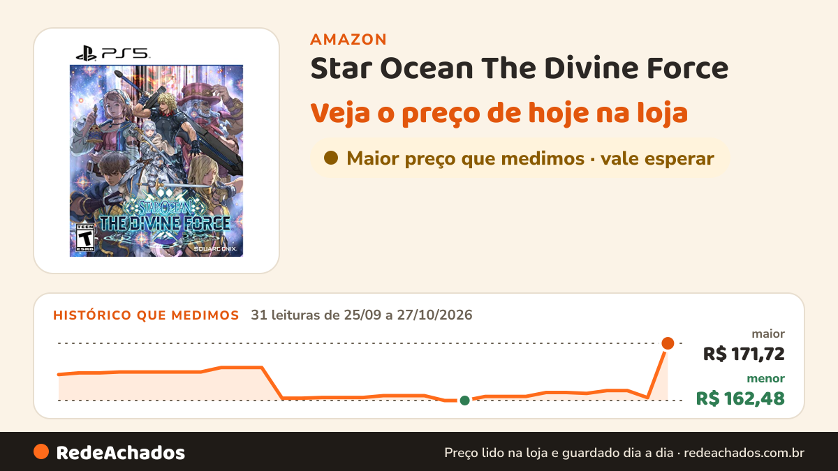 Histórico de preço de Star Ocean The Divine Force - PlayStation 5 na Amazon: 31 leituras de 25/09/2026 a 27/10/2026, menor R$ 162,48, maior R$ 171,72; R$ 171,72 conferido em 27/10/2026 às 06h03