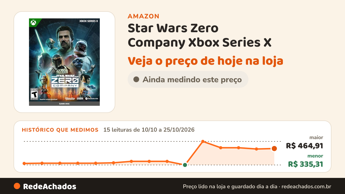 Histórico de preço de Star Wars Zero Company Xbox Series X | Disco | Inglês na Amazon: 15 leituras de 10/10/2026 a 25/10/2026, menor R$ 335,31, maior R$ 464,91