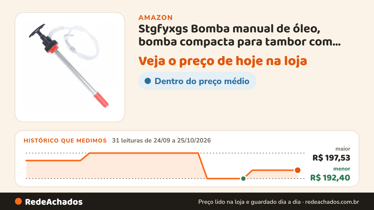 Histórico de preço de Stgfyxgs Bomba manual de óleo, bomba compacta para tambor com suporte de e do pistão, sem… na Amazon: 31 leituras de 24/09/2026 a 25/10/2026, menor R$ 192,40, maior R$ 197,53