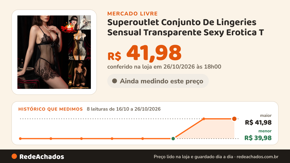 Histórico de preço de Superoutlet Conjunto De Lingeries Sensual Transparente Sexy Erotica T no Mercado Livre: 8 leituras de 16/10/2026 a 26/10/2026, menor R$ 39,98, maior R$ 41,98; R$ 41,98 conferido em 26/10/2026 às 18h00