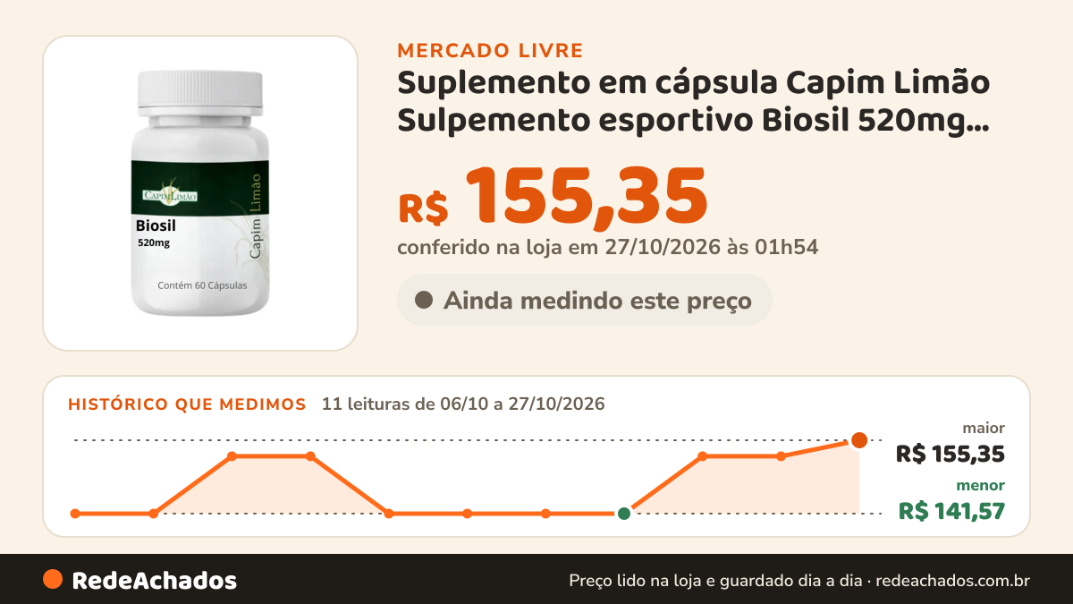 Histórico de preço de Suplemento em cápsula Capim Limão Sulpemento esportivo Biosil 520mg Infinity Pharma Sem… no Mercado Livre: 11 leituras de 06/10/2026 a 27/10/2026, menor R$ 141,57, maior R$ 155,35; R$ 155,35 conferido em 27/10/2026 às 01h54