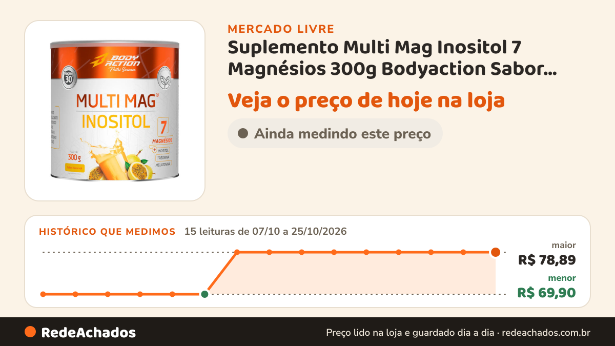 Histórico de preço de Suplemento Multi Mag Inositol 7 Magnésios 300g Bodyaction Sabor Maracujá no Mercado Livre: 15 leituras de 07/10/2026 a 25/10/2026, menor R$ 69,90, maior R$ 78,89