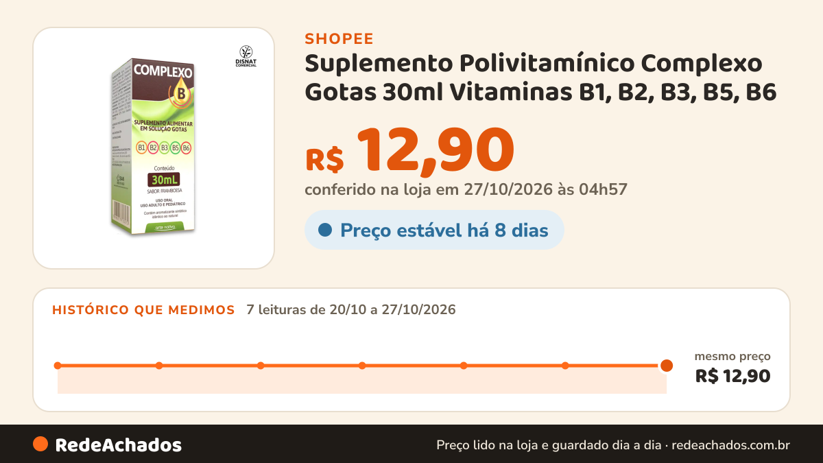 Histórico de preço de Suplemento Polivitamínico Complexo Gotas 30ml Vitaminas B1, B2, B3, B5, B6 - Arte Nativa na Shopee: 7 leituras de 20/10/2026 a 27/10/2026, mesmo preço, R$ 12,90, em todas; R$ 12,90 conferido em 27/10/2026 às 04h57