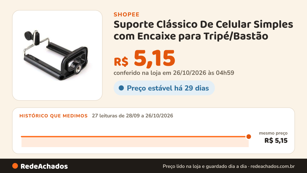 Histórico de preço de Suporte Clássico De Celular Simples com Encaixe para Tripé/Bastão na Shopee: 27 leituras de 28/09/2026 a 26/10/2026, mesmo preço, R$ 5,15, em todas; R$ 5,15 conferido em 26/10/2026 às 04h59