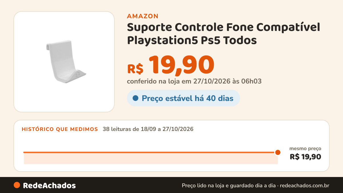 Histórico de preço de Suporte Controle Fone Compatível Playstation5 Ps5 Todos (Branco) na Amazon: 37 leituras de 18/09/2026 a 25/10/2026, mesmo preço, R$ 19,90, em todas