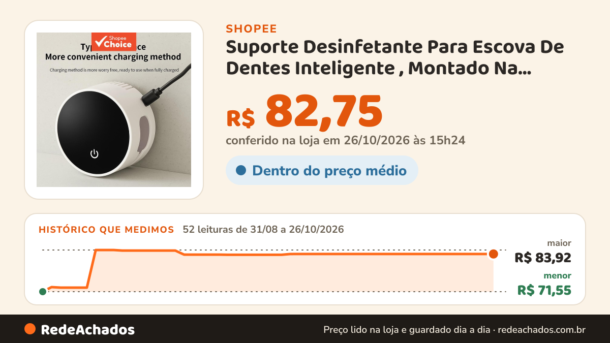 Histórico de preço de Suporte Desinfetante Para Escova De Dentes Inteligente , Montado Na Parede , Sem Broca… na Shopee: 51 leituras de 31/08/2026 a 25/10/2026, menor R$ 71,55, maior R$ 83,92; R$ 82,75 conferido em 25/10/2026 às 09h54