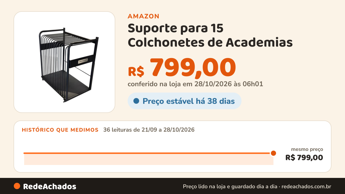 Histórico de preço de Suporte para 15 Colchonetes de Academias – D1Fitness na Amazon: 35 leituras de 21/09/2026 a 27/10/2026, mesmo preço, R$ 799,00, em todas; R$ 799,00 conferido em 27/10/2026 às 00h02