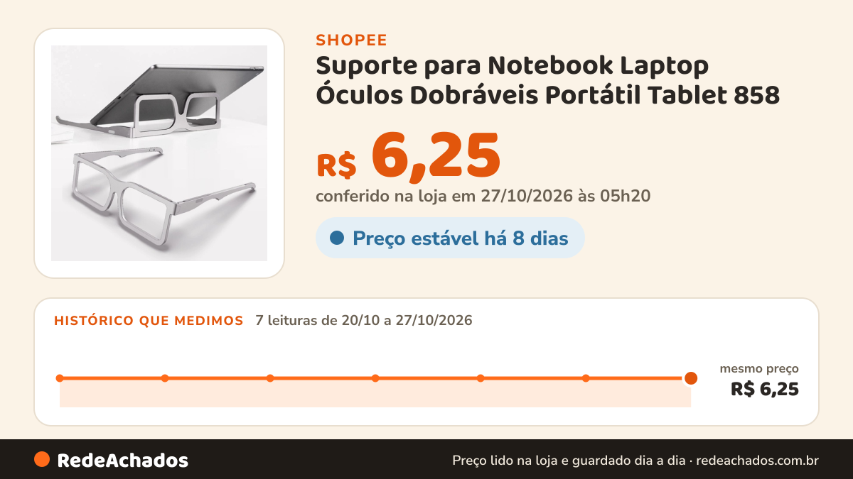 Histórico de preço de Suporte para Notebook Laptop Óculos Dobráveis Portátil Tablet 858 na Shopee: 7 leituras de 20/10/2026 a 27/10/2026, mesmo preço, R$ 6,25, em todas; R$ 6,25 conferido em 27/10/2026 às 05h20