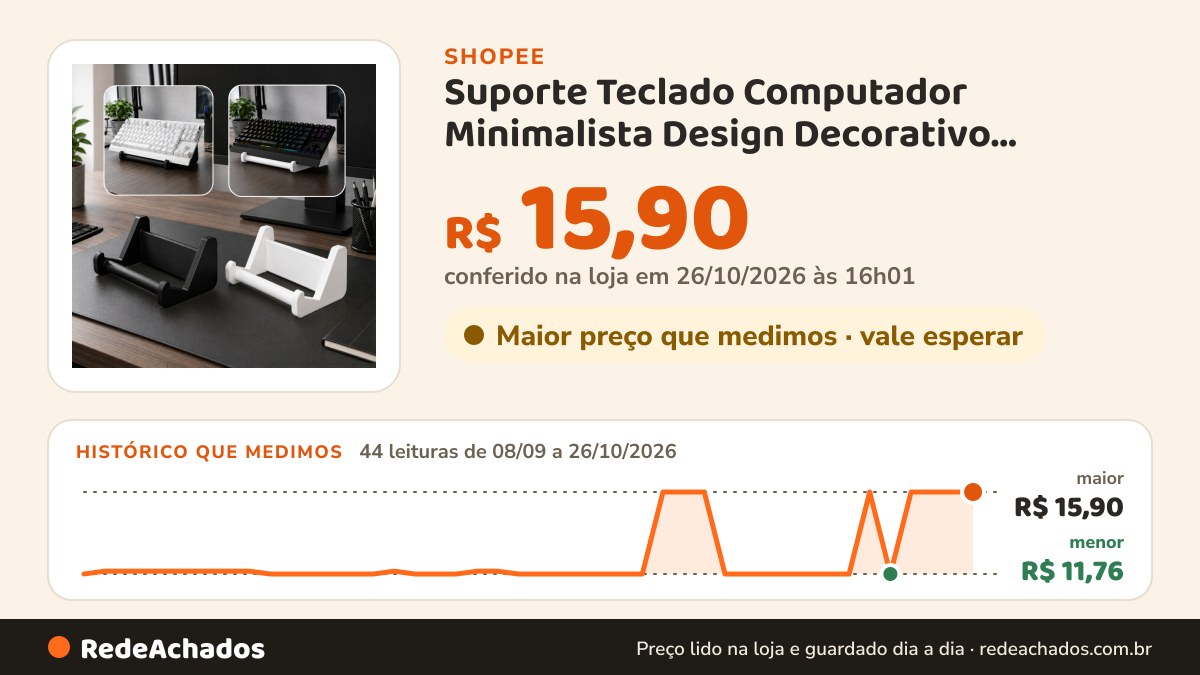 Histórico de preço de Suporte Teclado Computador Minimalista Design Decorativo Escritório na Shopee: 44 leituras de 08/09/2026 a 26/10/2026, menor R$ 11,76, maior R$ 15,90; R$ 15,90 conferido em 26/10/2026 às 16h01