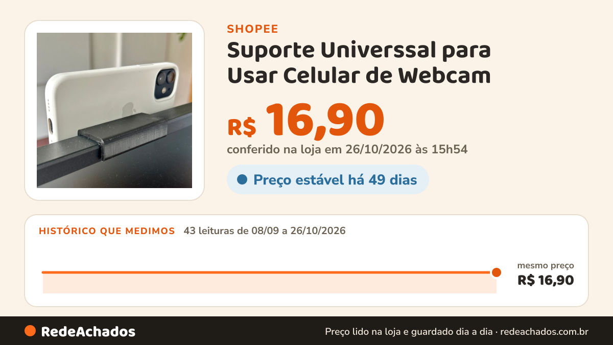 Histórico de preço de Suporte Universsal para Usar Celular de Webcam na Shopee: 43 leituras de 08/09/2026 a 26/10/2026, mesmo preço, R$ 16,90, em todas; R$ 16,90 conferido em 26/10/2026 às 15h54