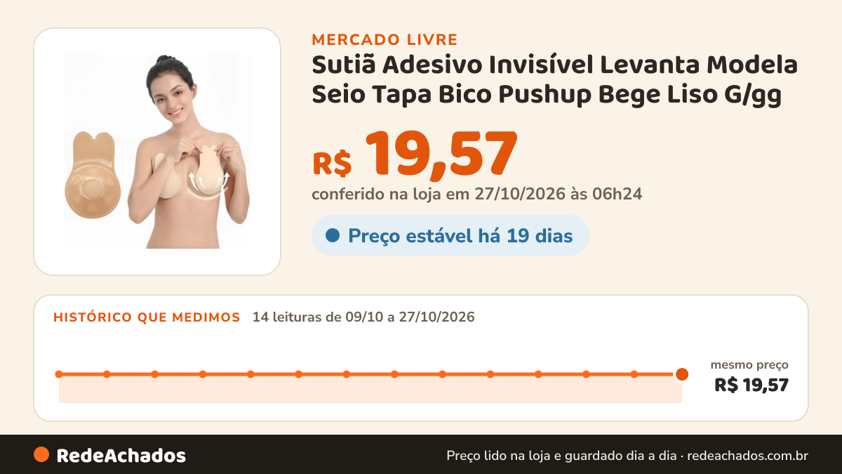 Histórico de preço de Sutiã Adesivo Invisível Levanta Modela Seio Tapa Bico Pushup Bege Liso G/gg no Mercado Livre: 14 leituras de 09/10/2026 a 27/10/2026, mesmo preço, R$ 19,57, em todas; R$ 19,57 conferido em 27/10/2026 às 06h24