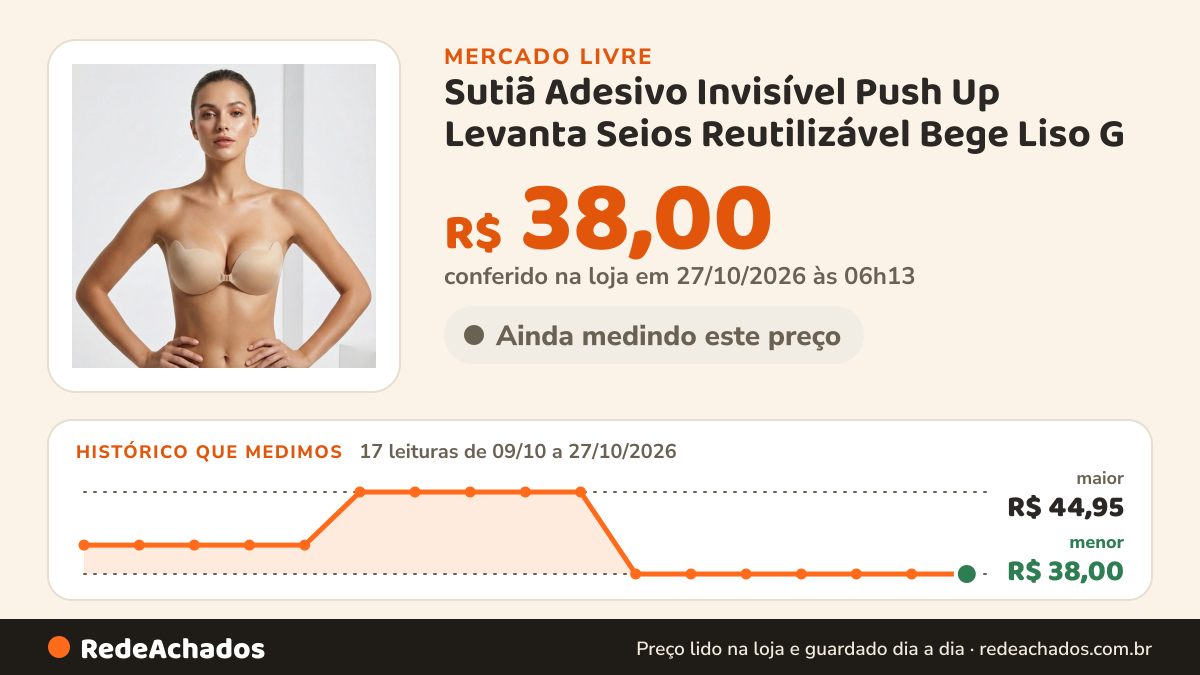 Histórico de preço de Sutiã Adesivo Invisível Push Up Levanta Seios Reutilizável Bege Liso G no Mercado Livre: 15 leituras de 09/10/2026 a 25/10/2026, menor R$ 38,00, maior R$ 44,95; R$ 38,00 conferido em 25/10/2026 às 19h13
