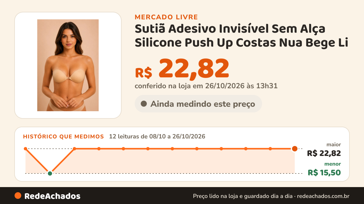 Histórico de preço de Sutiã Adesivo Invisível Sem Alça Silicone Push Up Costas Nua Bege Li no Mercado Livre: 12 leituras de 08/10/2026 a 26/10/2026, menor R$ 15,50, maior R$ 22,82; R$ 22,82 conferido em 26/10/2026 às 13h31