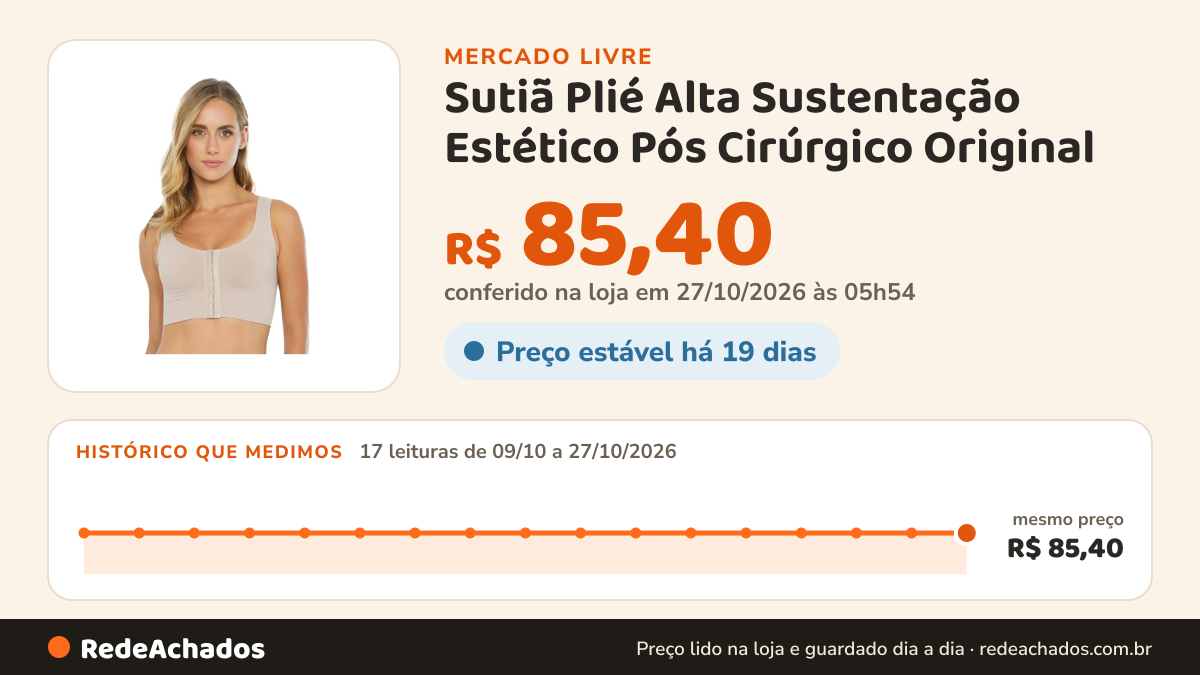Histórico de preço de Sutiã Plié Alta Sustentação Estético Pós Cirúrgico Original no Mercado Livre: 15 leituras de 09/10/2026 a 25/10/2026, mesmo preço, R$ 85,40, em todas; R$ 85,40 conferido em 25/10/2026 às 18h32