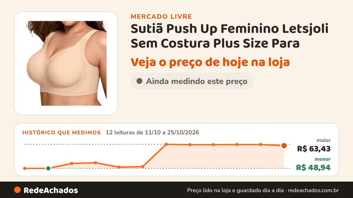 Histórico de preço de Sutiã Push Up Feminino Letsjoli Sem Costura Plus Size Para no Mercado Livre: 12 leituras de 11/10/2026 a 25/10/2026, menor R$ 48,94, maior R$ 63,43