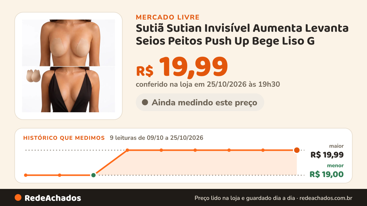 Histórico de preço de Sutiã Sutian Invisível Aumenta Levanta Seios Peitos Push Up Bege Liso G no Mercado Livre: 9 leituras de 09/10/2026 a 25/10/2026, menor R$ 19,00, maior R$ 19,99; R$ 19,99 conferido em 25/10/2026 às 19h30