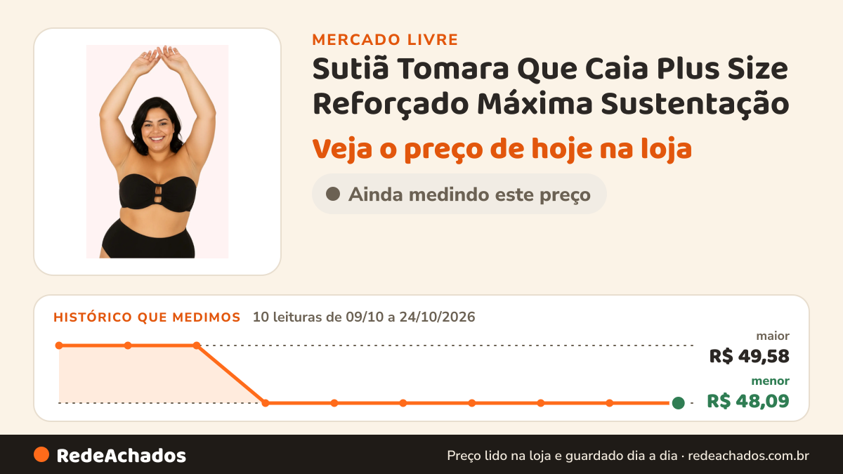 Histórico de preço de Sutiã Tomara Que Caia Plus Size Reforçado Máxima Sustentação no Mercado Livre: 10 leituras de 09/10/2026 a 24/10/2026, menor R$ 48,09, maior R$ 49,58