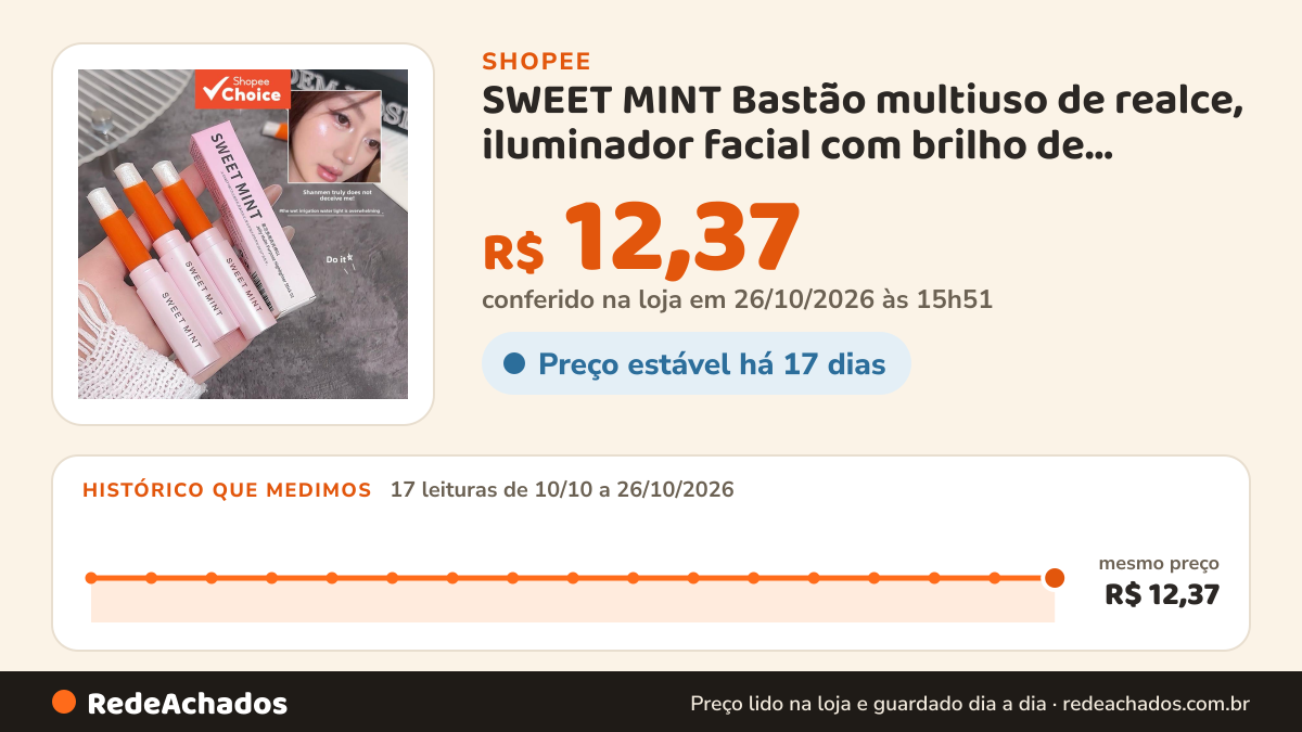 Histórico de preço de SWEET MINT Bastão multiuso de realce, iluminador facial com brilho de diamante… na Shopee: 17 leituras de 10/10/2026 a 26/10/2026, mesmo preço, R$ 12,37, em todas; R$ 12,37 conferido em 26/10/2026 às 15h51