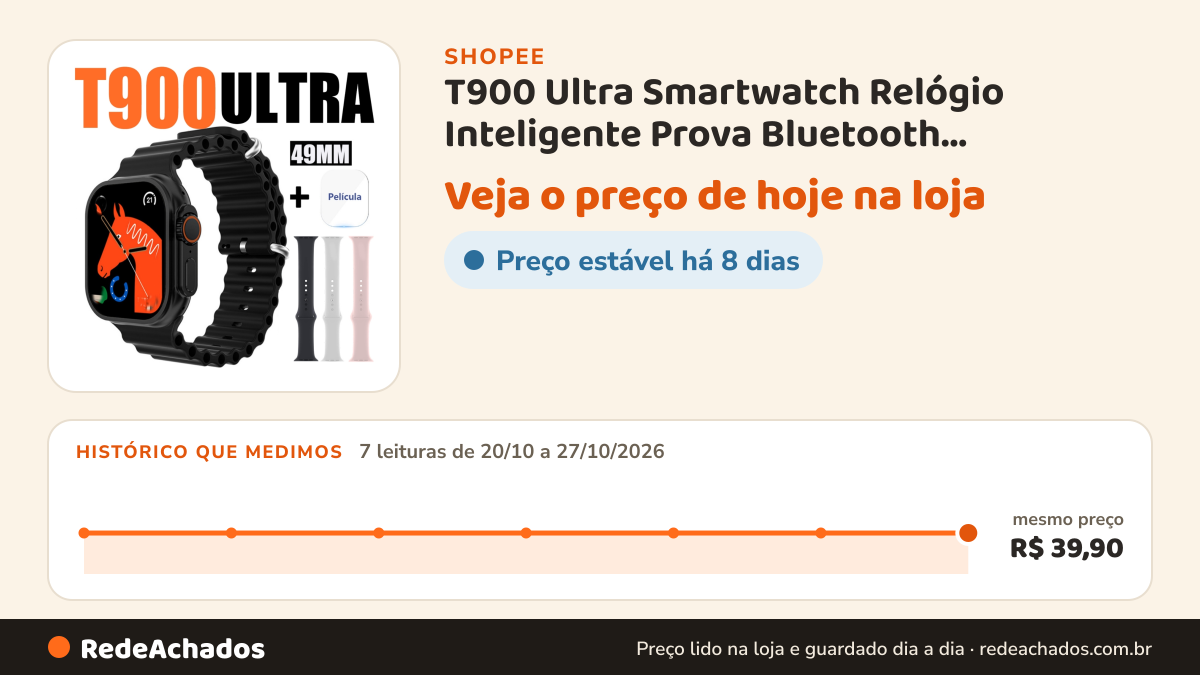 Histórico de preço de T900 Ultra Smartwatch Relógio Inteligente Prova Bluetooth Monitoramento De Saúde Exercício… na Shopee: 7 leituras de 20/10/2026 a 27/10/2026, mesmo preço, R$ 39,90, em todas; R$ 39,90 conferido em 27/10/2026 às 04h52