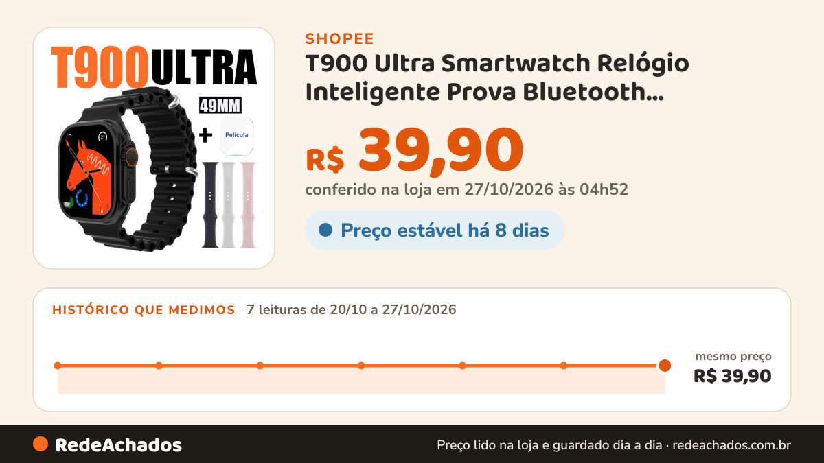 Histórico de preço de T900 Ultra Smartwatch Relógio Inteligente Prova Bluetooth Monitoramento De Saúde Exercício… na Shopee: 7 leituras de 20/10/2026 a 27/10/2026, mesmo preço, R$ 39,90, em todas; R$ 39,90 conferido em 27/10/2026 às 04h52