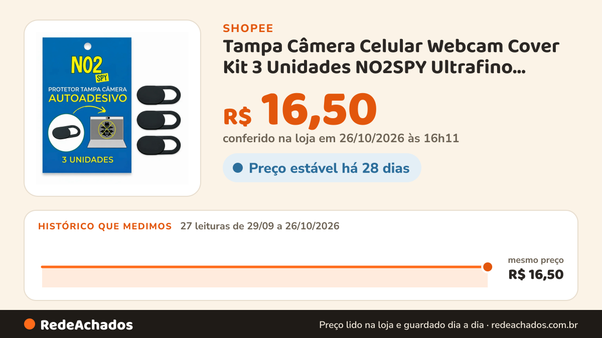Histórico de preço de Tampa Câmera Celular Webcam Cover Kit 3 Unidades NO2SPY Ultrafino Autoadesivo Proteção… na Shopee: 27 leituras de 29/09/2026 a 26/10/2026, mesmo preço, R$ 16,50, em todas; R$ 16,50 conferido em 26/10/2026 às 16h11