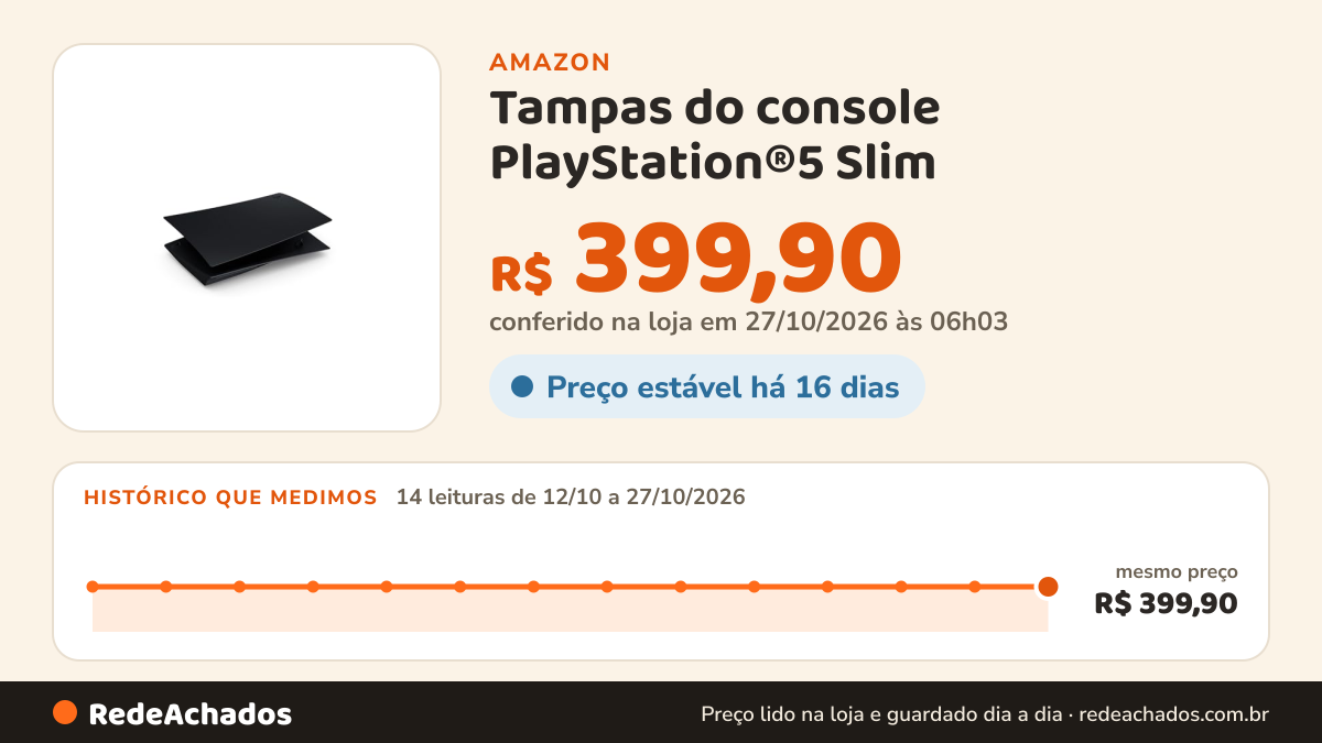 Histórico de preço de Tampas do console PlayStation®5 Slim - Midnight Black na Amazon: 13 leituras de 12/10/2026 a 25/10/2026, mesmo preço, R$ 399,90, em todas