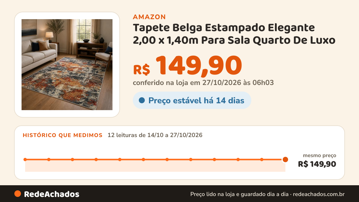 Histórico de preço de Tapete Belga Estampado Elegante 2,00 x 1,40m Para Sala Quarto De Luxo (Estampa 25) na Amazon: 12 leituras de 14/10/2026 a 27/10/2026, mesmo preço, R$ 149,90, em todas; R$ 149,90 conferido em 27/10/2026 às 06h03