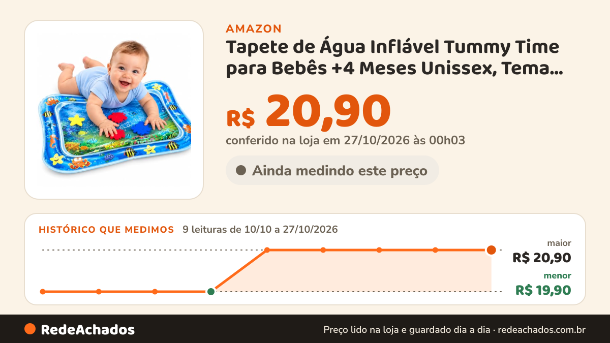 Histórico de preço de Tapete de Água Inflável Tummy Time para Bebês +4 Meses Unissex, Tema Fundo do Mar… na Amazon: 9 leituras de 10/10/2026 a 27/10/2026, menor R$ 19,90, maior R$ 20,90; R$ 20,90 conferido em 27/10/2026 às 00h03