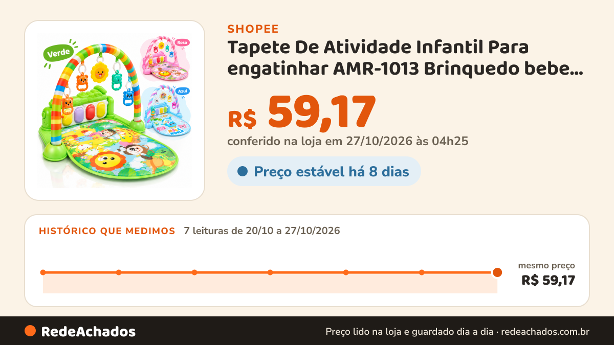 Histórico de preço de Tapete De Atividade Infantil Para engatinhar AMR-1013 Brinquedo bebe Musical Cor Verde na Shopee: 7 leituras de 20/10/2026 a 27/10/2026, mesmo preço, R$ 59,17, em todas; R$ 59,17 conferido em 27/10/2026 às 04h25