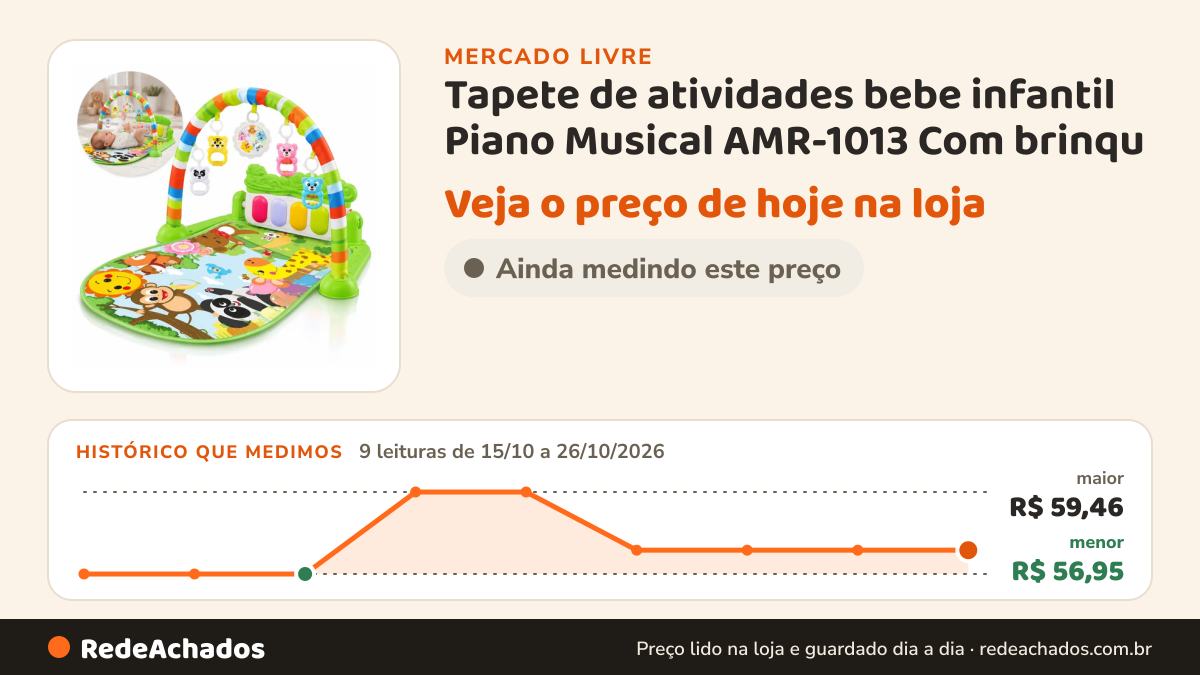 Histórico de preço de Tapete de atividades bebe infantil Piano Musical AMR-1013 Com brinqu no Mercado Livre: 9 leituras de 15/10/2026 a 26/10/2026, menor R$ 56,95, maior R$ 59,46