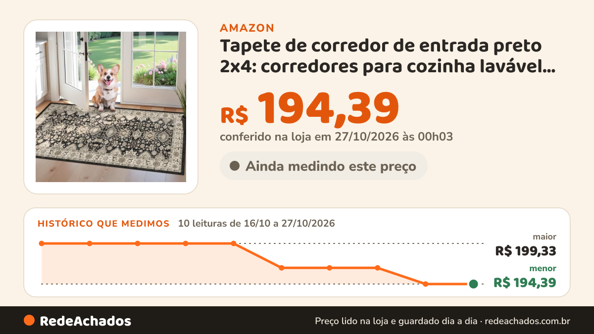 Histórico de preço de Tapete de corredor de entrada preto 2x4: corredores para cozinha lavável antiderrapante… na Amazon: 10 leituras de 16/10/2026 a 27/10/2026, menor R$ 194,39, maior R$ 199,33; R$ 194,39 conferido em 27/10/2026 às 00h03