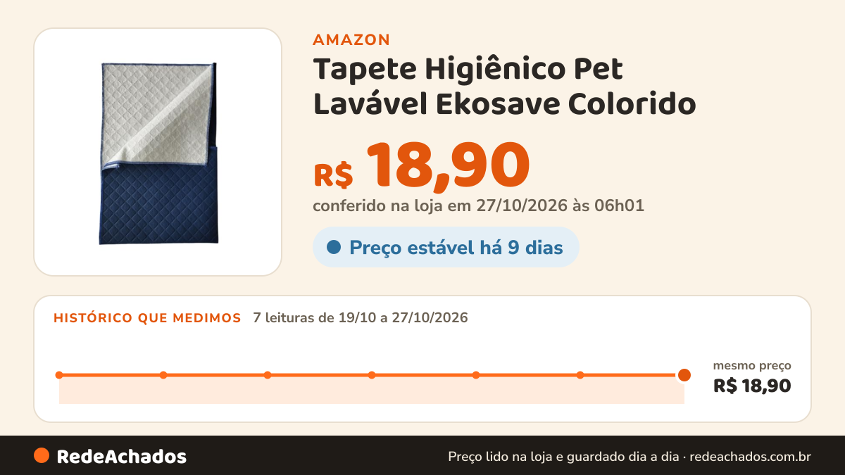 Histórico de preço de Tapete Higiênico Pet Lavável Ekosave Colorido - Pequeno - 60 x 50 cm - Econômico e… na Amazon: 7 leituras de 19/10/2026 a 27/10/2026, mesmo preço, R$ 18,90, em todas; R$ 18,90 conferido em 27/10/2026 às 06h01