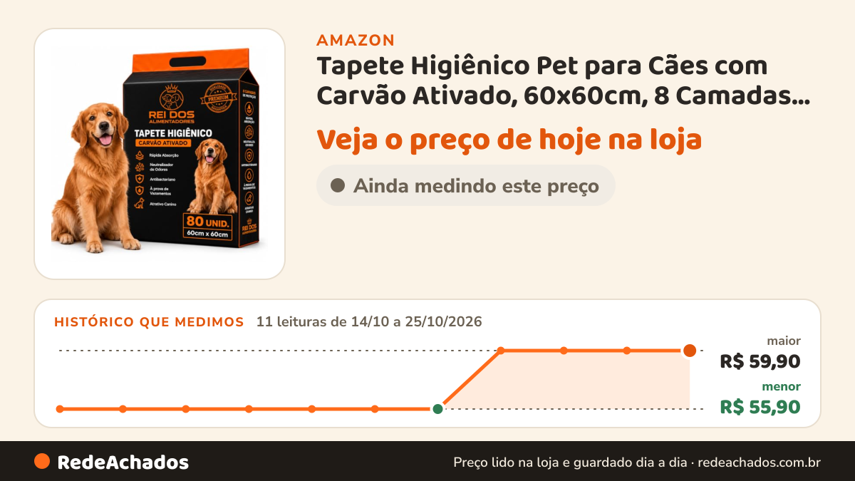 Histórico de preço de Tapete Higiênico Pet para Cães com Carvão Ativado, 60x60cm, 8 Camadas, Anti Vazamento, 50… na Amazon: 11 leituras de 14/10/2026 a 25/10/2026, menor R$ 55,90, maior R$ 59,90