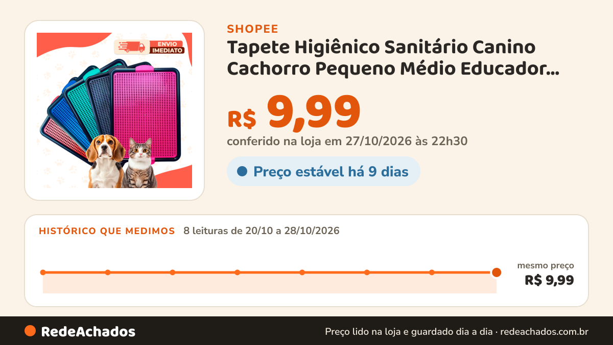 Histórico de preço de Tapete Higiênico Sanitário Canino Cachorro Pequeno Médio Educador Xixi Sim na Shopee: 7 leituras de 20/10/2026 a 27/10/2026, mesmo preço, R$ 9,99, em todas; R$ 9,99 conferido em 26/10/2026 às 21h20