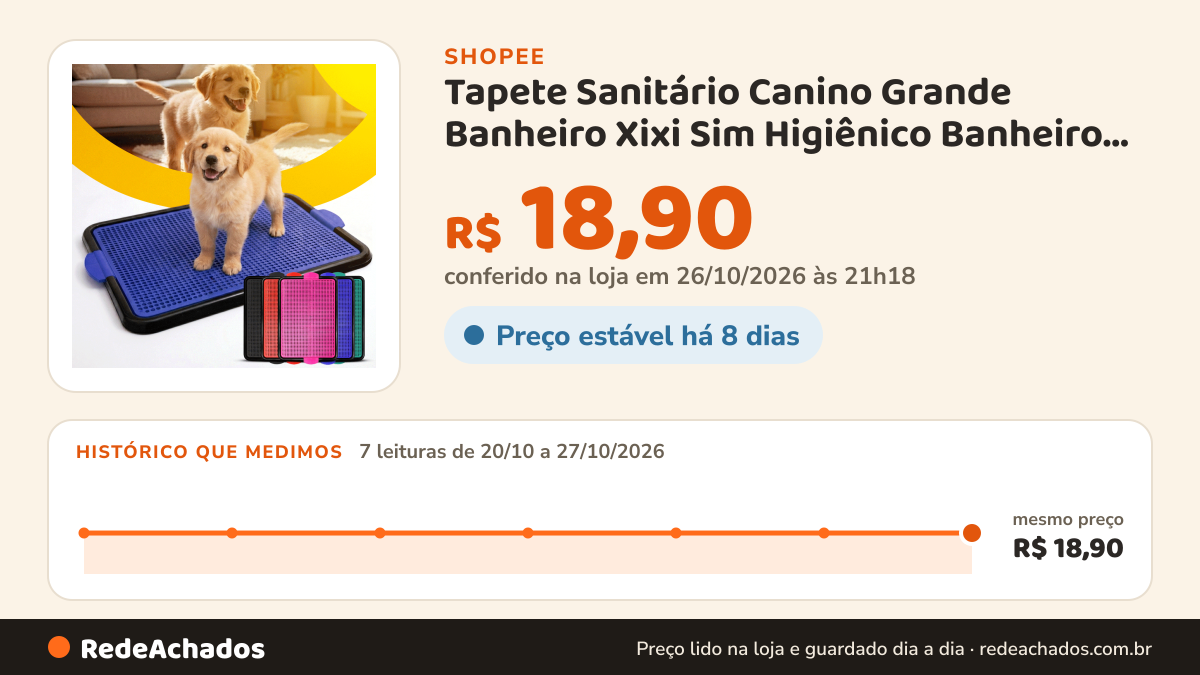 Histórico de preço de Tapete Sanitário Canino Grande Banheiro Xixi Sim Higiênico Banheiro Pet Educador Lavável… na Shopee: 7 leituras de 20/10/2026 a 27/10/2026, mesmo preço, R$ 18,90, em todas; R$ 18,90 conferido em 26/10/2026 às 21h18