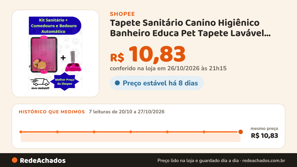Histórico de preço de Tapete Sanitário Canino Higiênico Banheiro Educa Pet Tapete Lavável Banheiro Pet na Shopee: 7 leituras de 20/10/2026 a 27/10/2026, mesmo preço, R$ 10,83, em todas; R$ 10,83 conferido em 26/10/2026 às 21h15