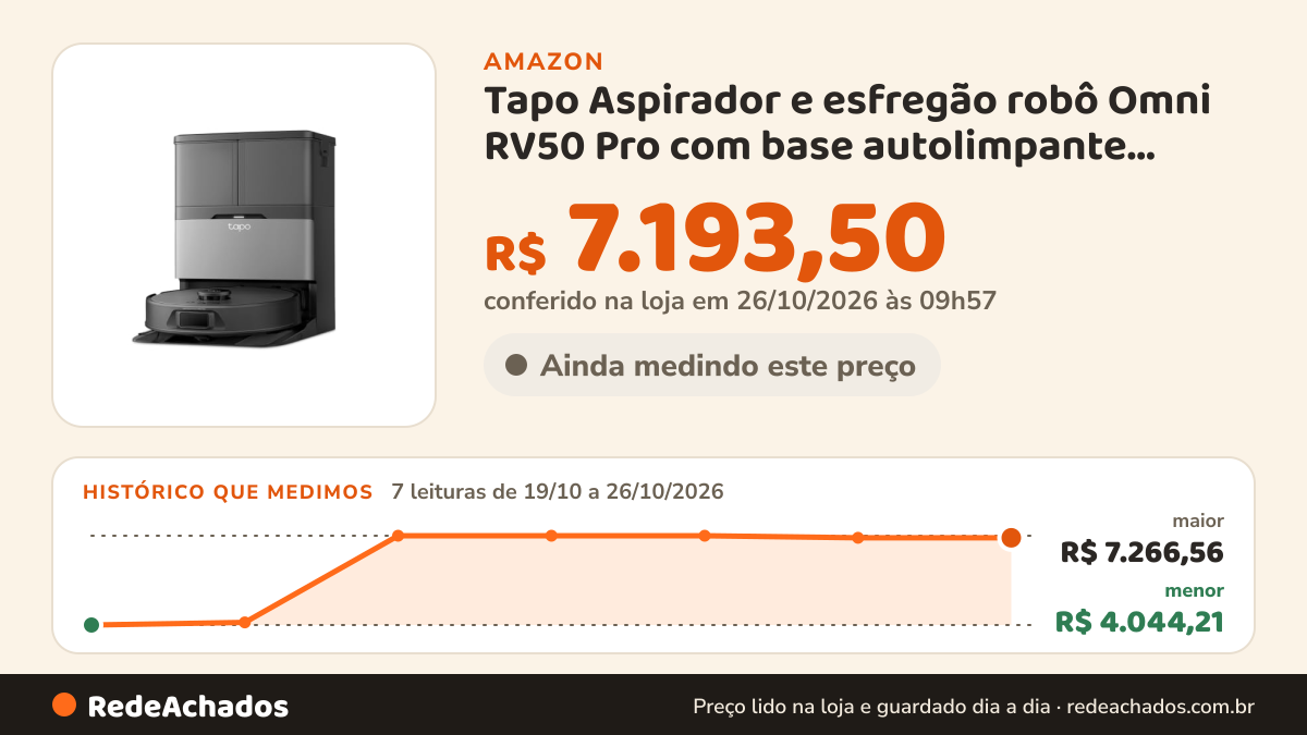 Histórico de preço de Tapo Aspirador e esfregão robô Omni RV50 Pro com base autolimpante, sucção 15000Pa, livre… na Amazon: 7 leituras de 19/10/2026 a 26/10/2026, menor R$ 4.044,21, maior R$ 7.266,56; R$ 7.193,50 conferido em 26/10/2026 às 09h57
