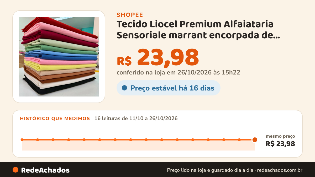 Histórico de preço de Tecido Liocel Premium Alfaiataria Sensoriale marrant encorpada de altissima qualidade - No… na Shopee: 16 leituras de 11/10/2026 a 26/10/2026, mesmo preço, R$ 23,98, em todas; R$ 23,98 conferido em 26/10/2026 às 15h22