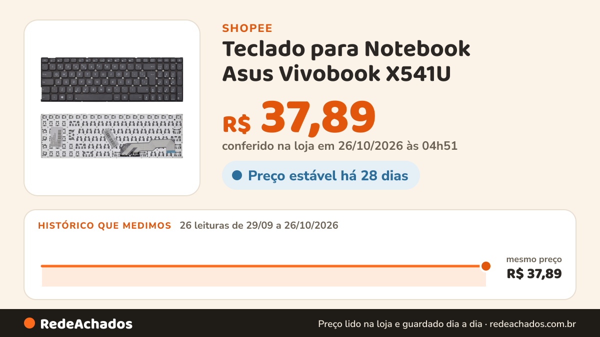Histórico de preço de Teclado para Notebook Asus Vivobook X541U na Shopee: 26 leituras de 29/09/2026 a 26/10/2026, mesmo preço, R$ 37,89, em todas; R$ 37,89 conferido em 26/10/2026 às 04h51