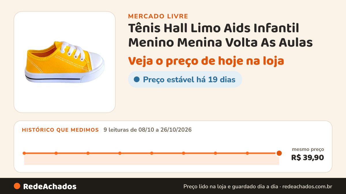 Histórico de preço de Tênis Hall Limo Aids Infantil Menino Menina Volta As Aulas no Mercado Livre: 9 leituras de 08/10/2026 a 26/10/2026, mesmo preço, R$ 39,90, em todas