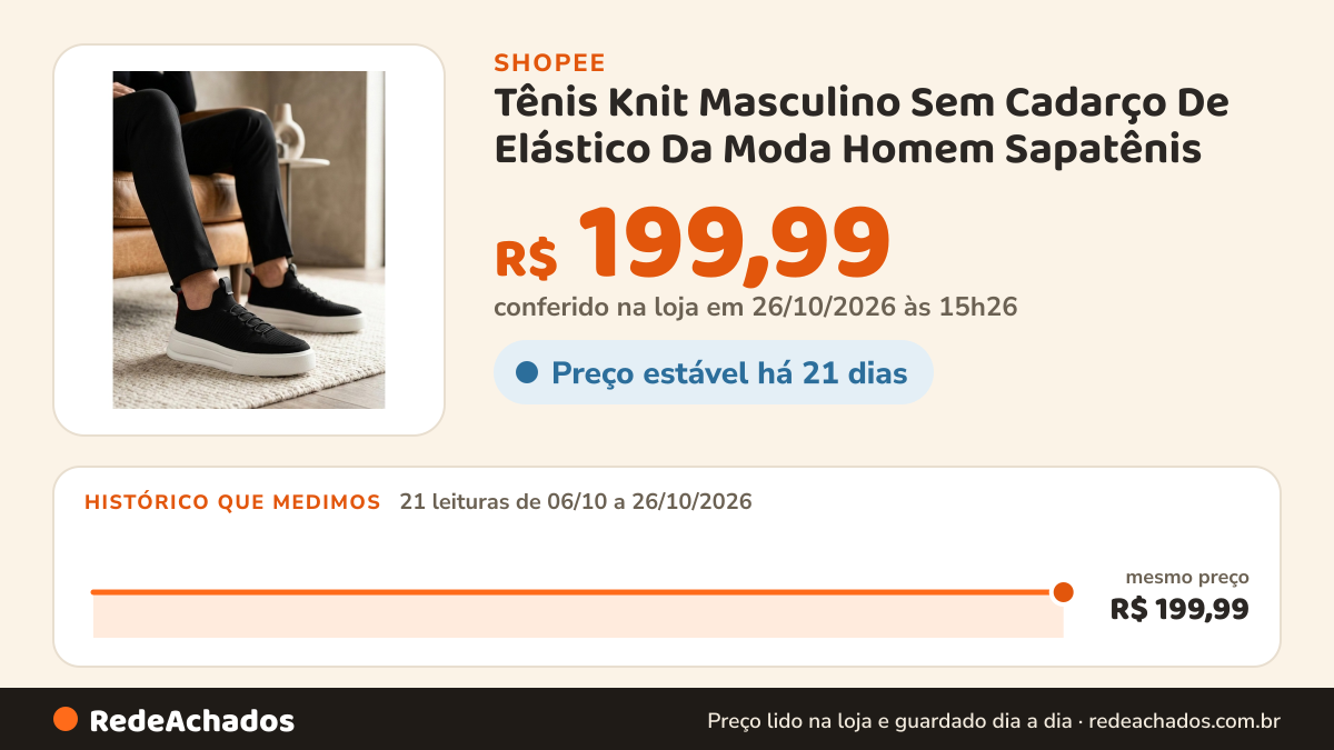 Histórico de preço de Tênis Knit Masculino Sem Cadarço De Elástico Da Moda Homem Sapatênis na Shopee: 20 leituras de 06/10/2026 a 25/10/2026, mesmo preço, R$ 199,99, em todas; R$ 199,99 conferido em 25/10/2026 às 09h57