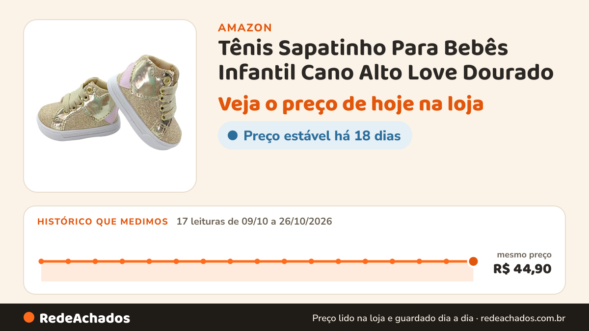 Histórico de preço de Tênis Sapatinho Para Bebês Infantil Cano Alto Love Dourado (Dourado, BR, Bebê, Numérico… na Amazon: 17 leituras de 09/10/2026 a 26/10/2026, mesmo preço, R$ 44,90, em todas
