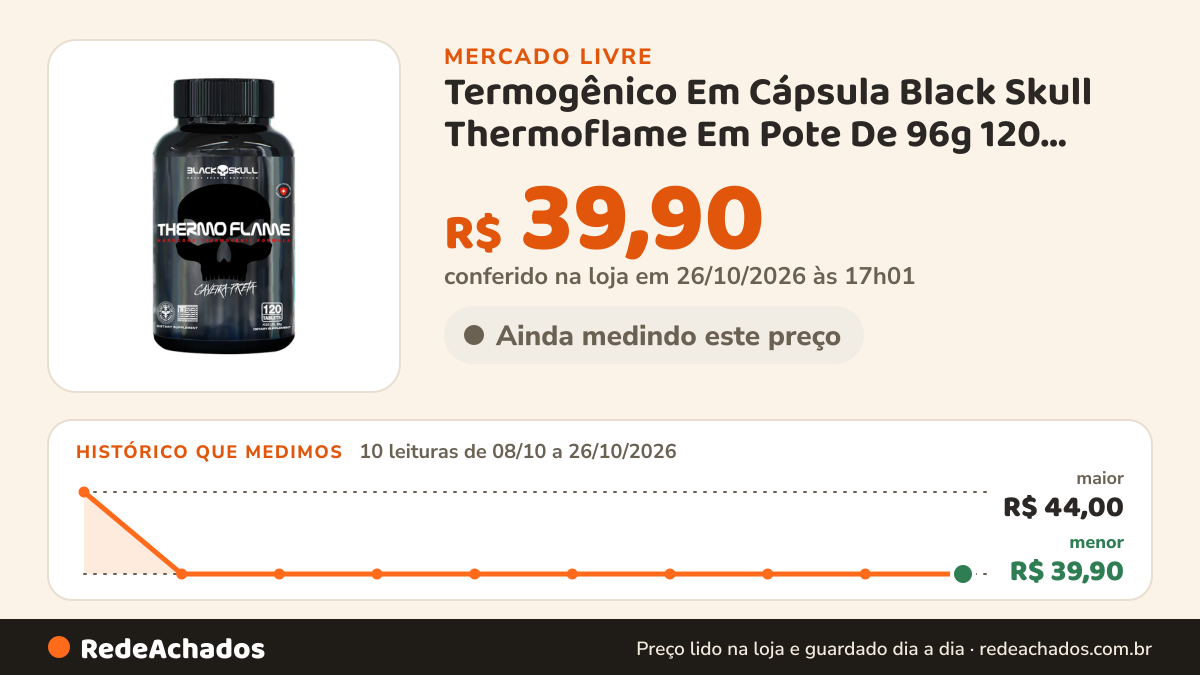 Histórico de preço de Termogênico Em Cápsula Black Skull Thermoflame Em Pote De 96g 120 Caps Sem Sabor no Mercado Livre: 10 leituras de 08/10/2026 a 26/10/2026, menor R$ 39,90, maior R$ 44,00; R$ 39,90 conferido em 26/10/2026 às 17h01