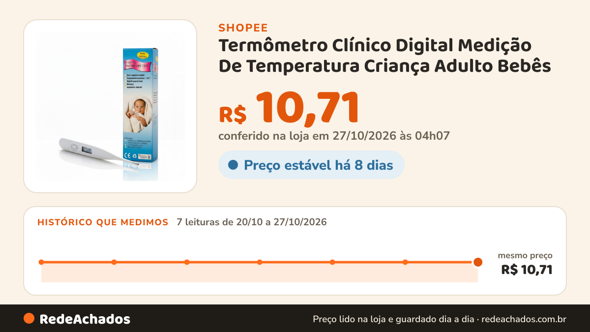Histórico de preço de Termômetro Clínico Digital Medição De Temperatura Criança Adulto Bebês na Shopee: 7 leituras de 20/10/2026 a 27/10/2026, mesmo preço, R$ 10,71, em todas; R$ 10,71 conferido em 27/10/2026 às 04h07